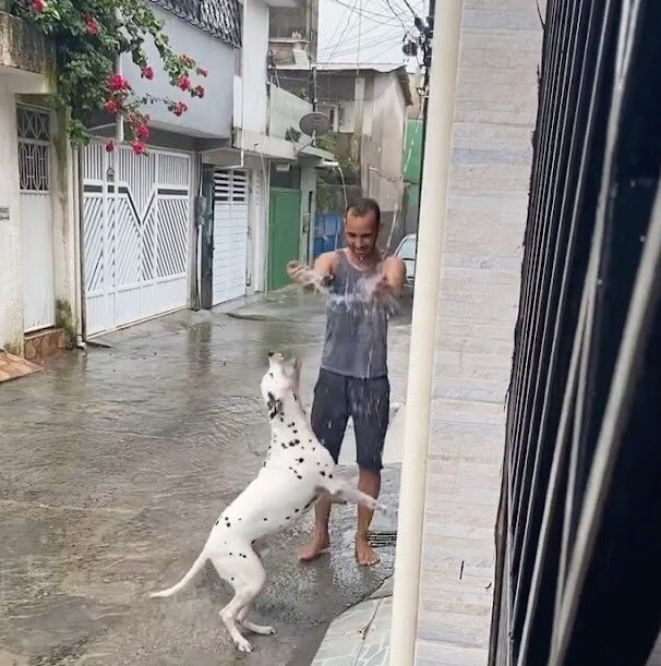 “Το λατρεύει”: Άντρας κρατά το παραπληγικό του κουτάβι στην αγκαλιά του για να απολαύσει τη βροχή